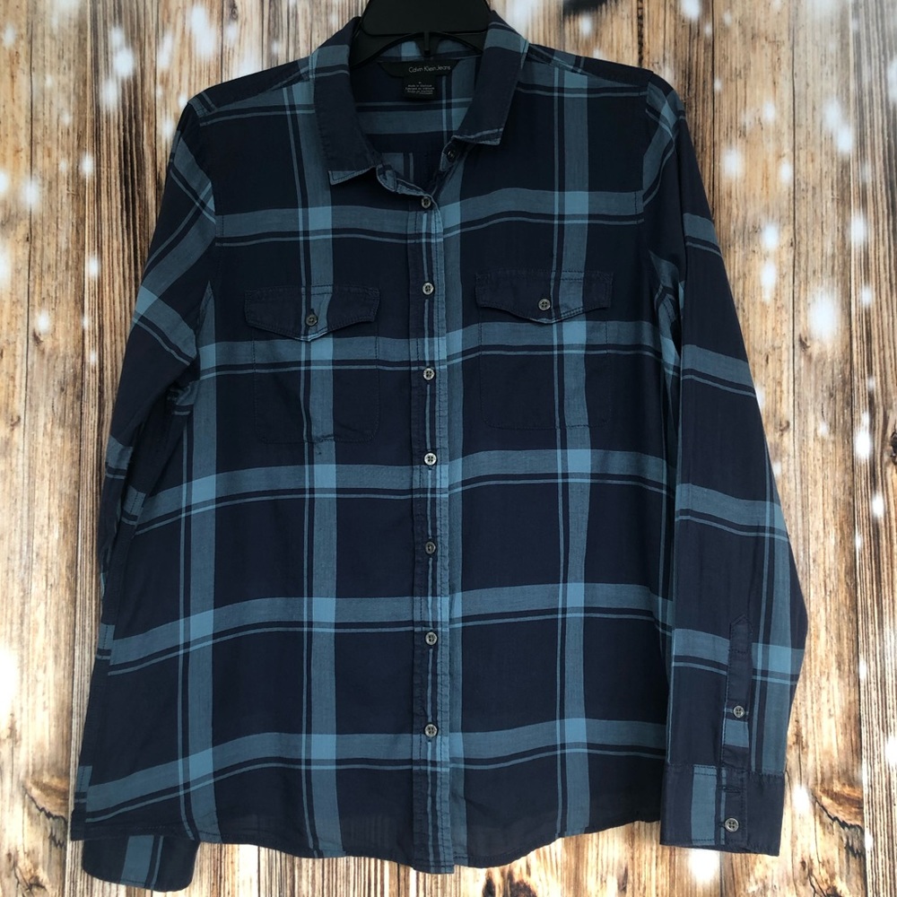 Calvin Klein Blue Plaid Long Sleeve Button Shirt